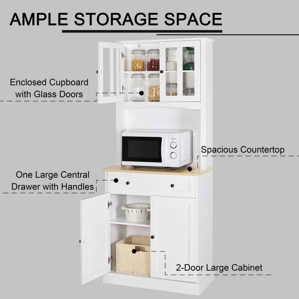 VEIKOUS 72 in. H White Kitchen Pantry Hutch Cabinet Storage with Buffet Cupboard, Microwave Stand and Adjustable Shelves