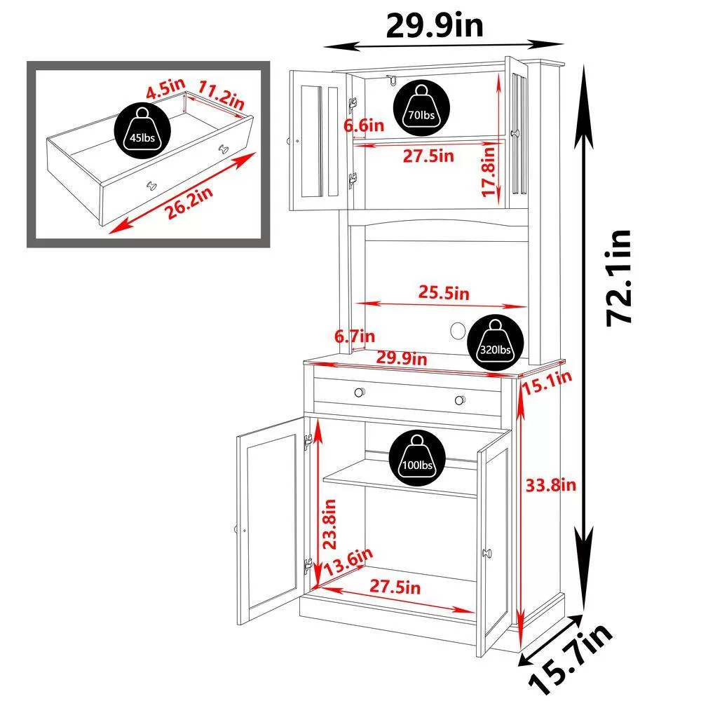 VEIKOUS 72 in. H White Kitchen Pantry Hutch Cabinet Storage with Buffet Cupboard, Microwave Stand and Adjustable Shelves
