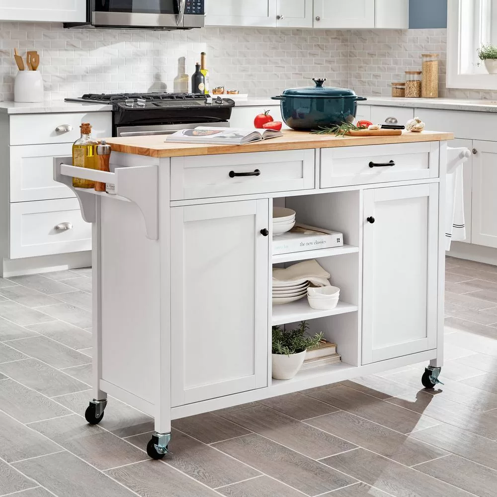 Home Decorators Collection Rockford White Rolling Kitchen Cart with Butcher Block Top and Double-Drawer Storage (56" W)