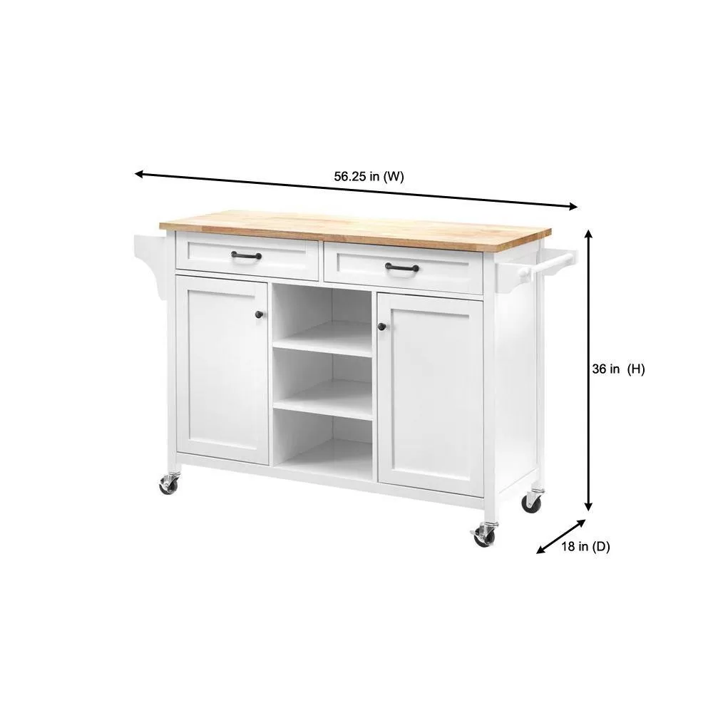 Home Decorators Collection Rockford White Rolling Kitchen Cart with Butcher Block Top and Double-Drawer Storage (56" W)