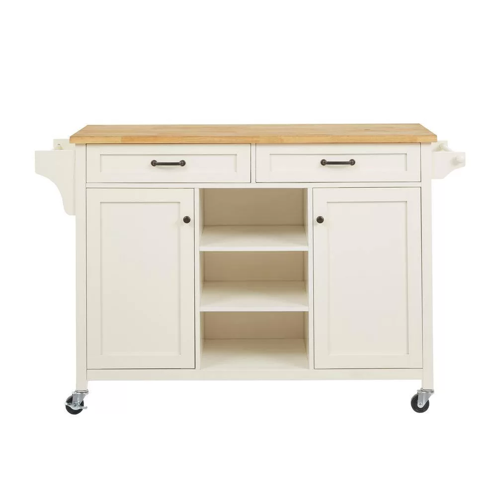Home Decorators Collection Rockford White Rolling Kitchen Cart with Butcher Block Top and Double-Drawer Storage (56" W)