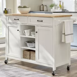 Home Decorators Collection Rockford White Rolling Kitchen Cart with Butcher Block Top and Double-Drawer Storage (56