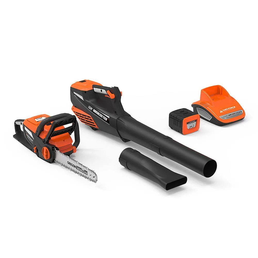 YARD FORCE YF60vRX-HHC7 60-Volt Cordless 2.5 Ah Lithium-Ion Leaf Blower, Chainsaw, Battery and Charger Combo Kit (4-Tool)