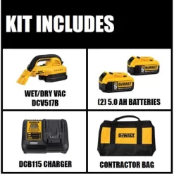 DEWALT 20V MAX Cordless 1/2 Gal. Wet/Dry Portable Vacuum, (2) 20V 5.0Ah Premium Batteries, Charger, and Kit Bag