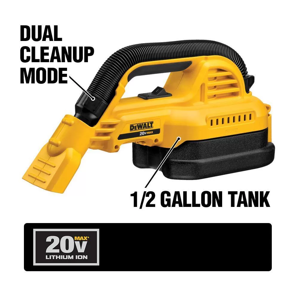 DEWALT DCV517Bwb 20V MAX Cordless 1/2 Gal. Wet/Dry Portable Vacuum and (1) 20V MAX Compact Lithium-Ion 2.0Ah Battery