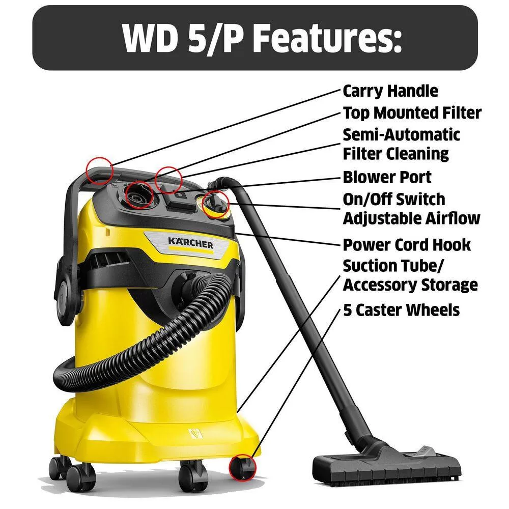 Karcher 1.628-311.0 WD 5/P Multi-Purpose 6.6 Gal. Wet/Dry Shop Vacuum Cleaner with Attachments and Blower Feature - 2022 Edition