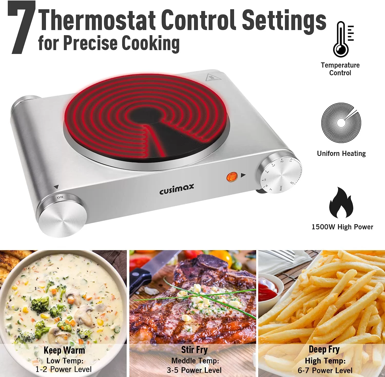Cusimax Hot Plate Electric Burner, Non-Slip Rubber Feet, Upgraded Version, 1500W