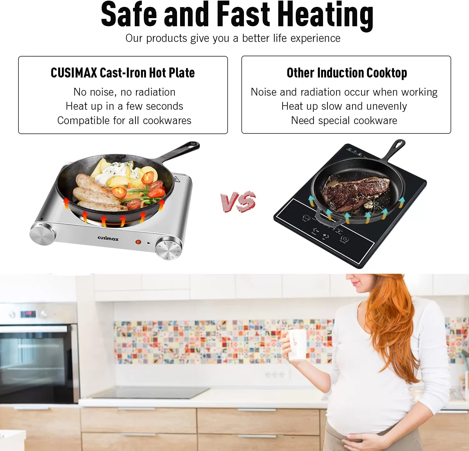 Cusimax Hot Plate Electric Burner, Non-Slip Rubber Feet, Upgraded Version, 1500W