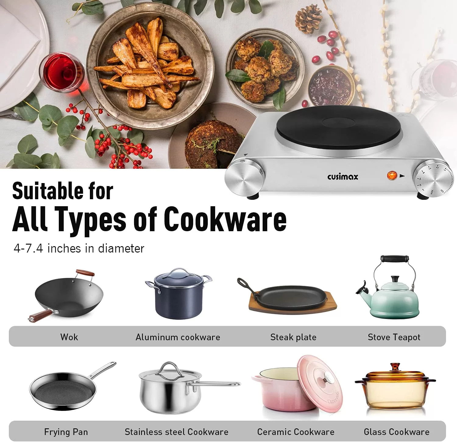 Cusimax Hot Plate Electric Burner, Non-Slip Rubber Feet, Upgraded Version, 1500W