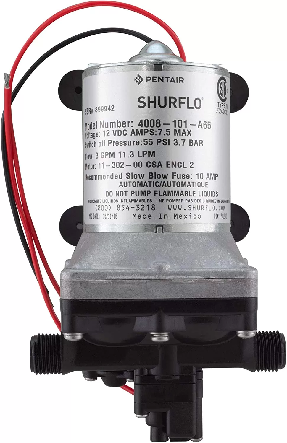 RecPro RV Water Pump Shurflo 4008-101-A65 3.0 GPM, 12V Water Pump, Self-Prime, Camper Water Pump, RV Plumbing (1 Pump)