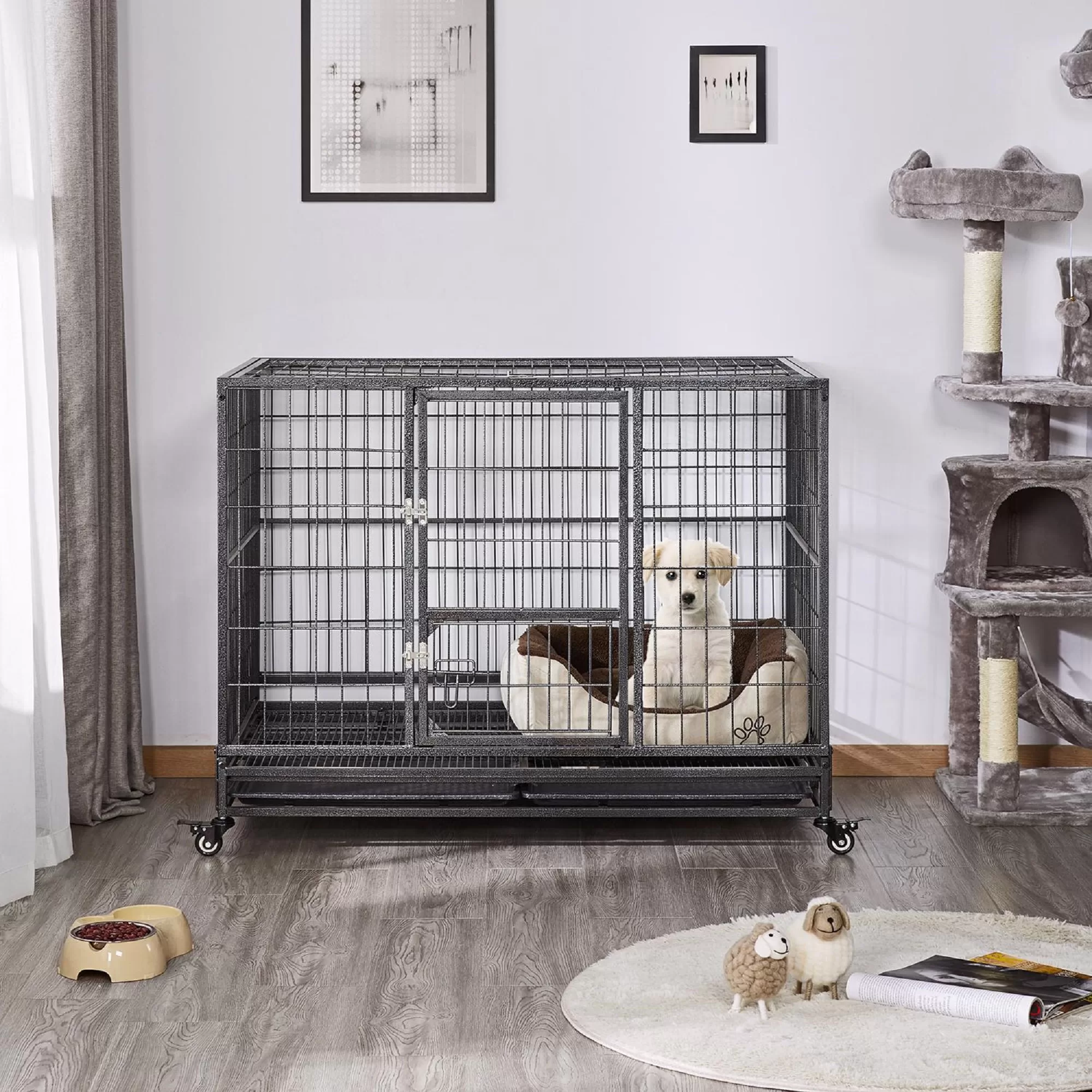 Topeakmart Black Dog Crate with Wire Litter Pans, 42.9" L X 28.5" W X 34.8" H