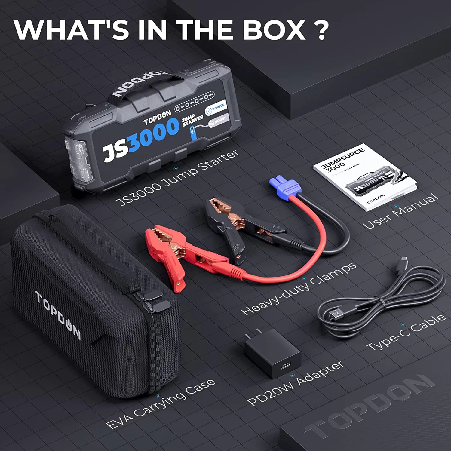Car Battery Jump Starter TOPDON JS3000 12V 3000A Battery Booster for Up to 9L Gas/ 7L Diesel Engines
