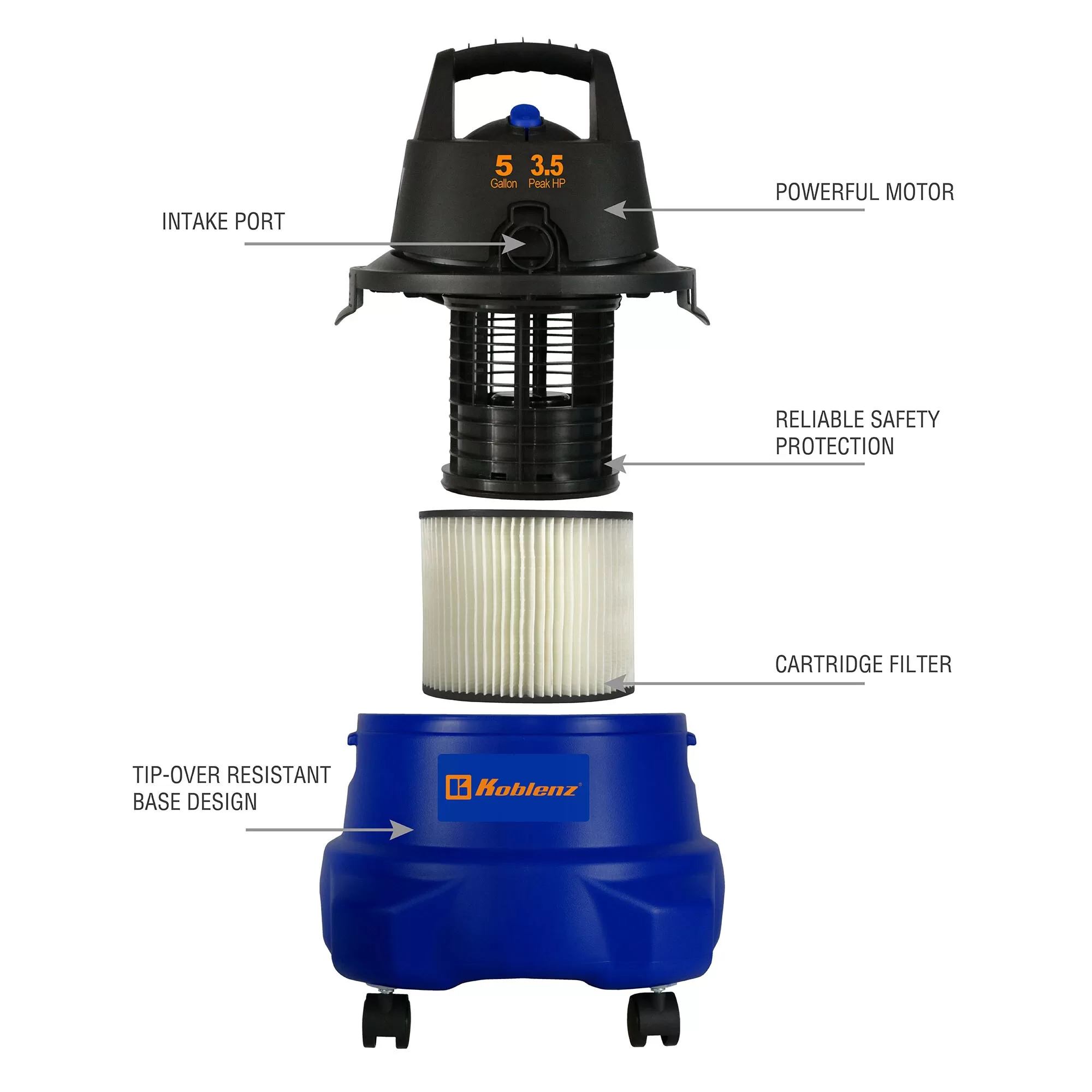 Koblenz 5-Gallons 3.5-HP Corded Wet/Dry Shop Vacuum with Accessories Included