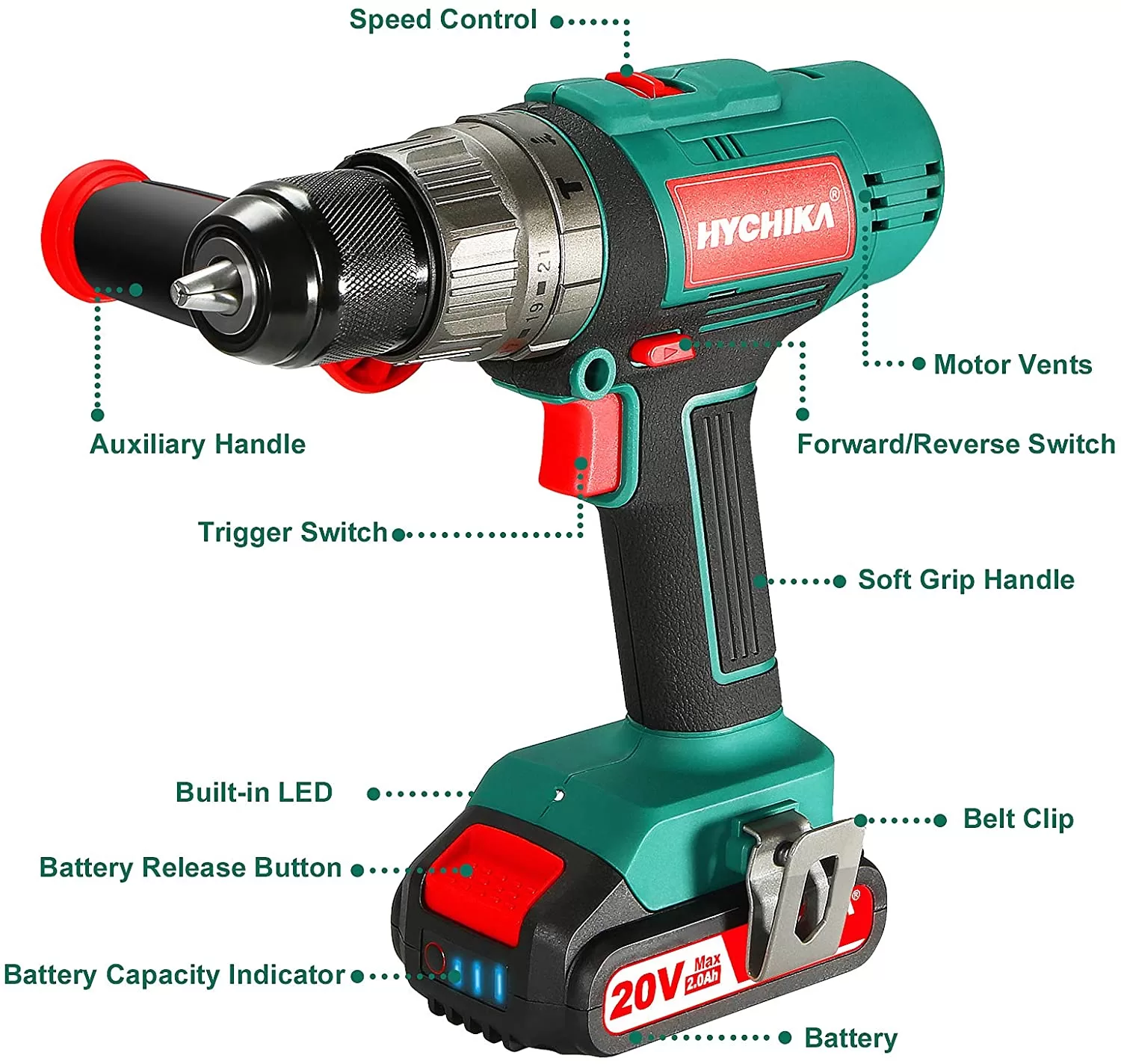 HYCHIKA 1/2-in 20-volt Max-Amp Variable Speed Cordless Hammer Drill (1-Battery Included)