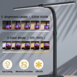 AKRRYR LED Desk Lamp for Home Office, Double Head 24W Desk Lamp with USB Charging Port & Wireless Charger
