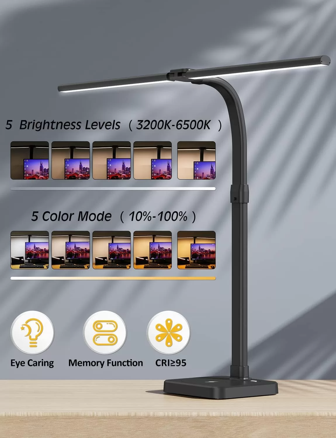 AKRRYR LED Desk Lamp for Home Office, Double Head 24W Desk Lamp with USB Charging Port & Wireless Charger