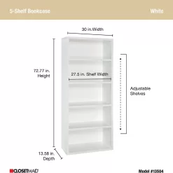 ClosetMaid Bookshelf with 5 Shelf Tiers, Adjustable Shelves, Tall Bookcase Sturdy Wood with Closed Back Panel, White Finish