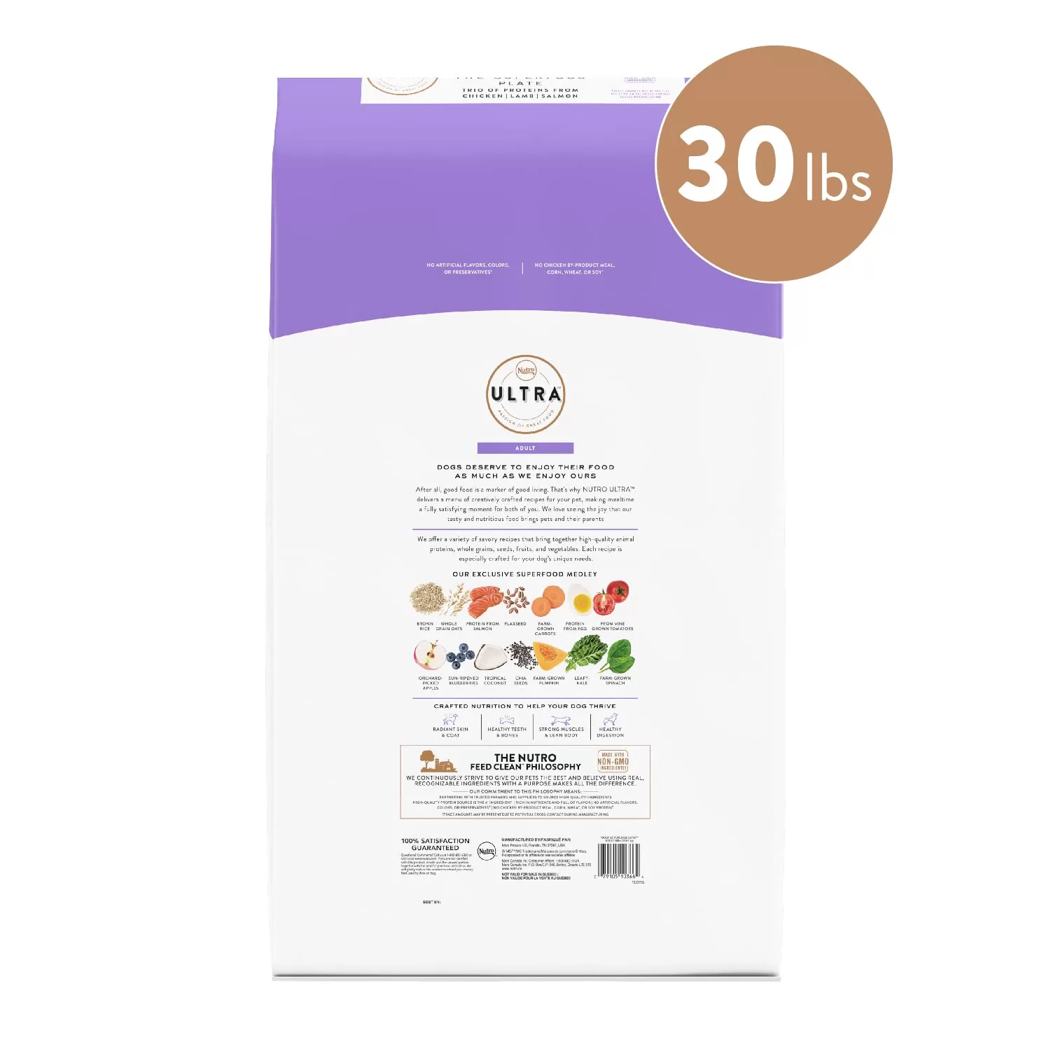 NUTRO ULTRA Adult High Protein Natural Dry Dog Food with a Trio of Proteins from Chicken, Lamb and Salmon, 30 lb. Bag