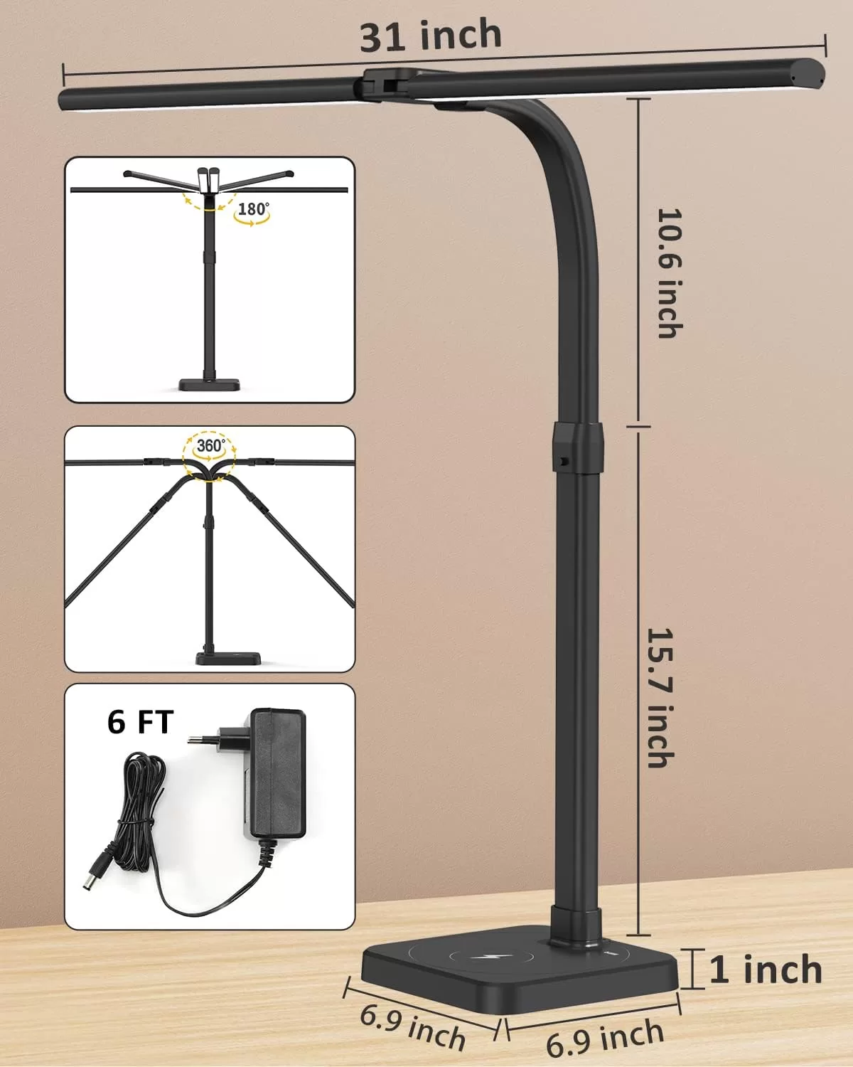 AKRRYR LED Desk Lamp for Home Office, Double Head 24W Desk Lamp with USB Charging Port & Wireless Charger