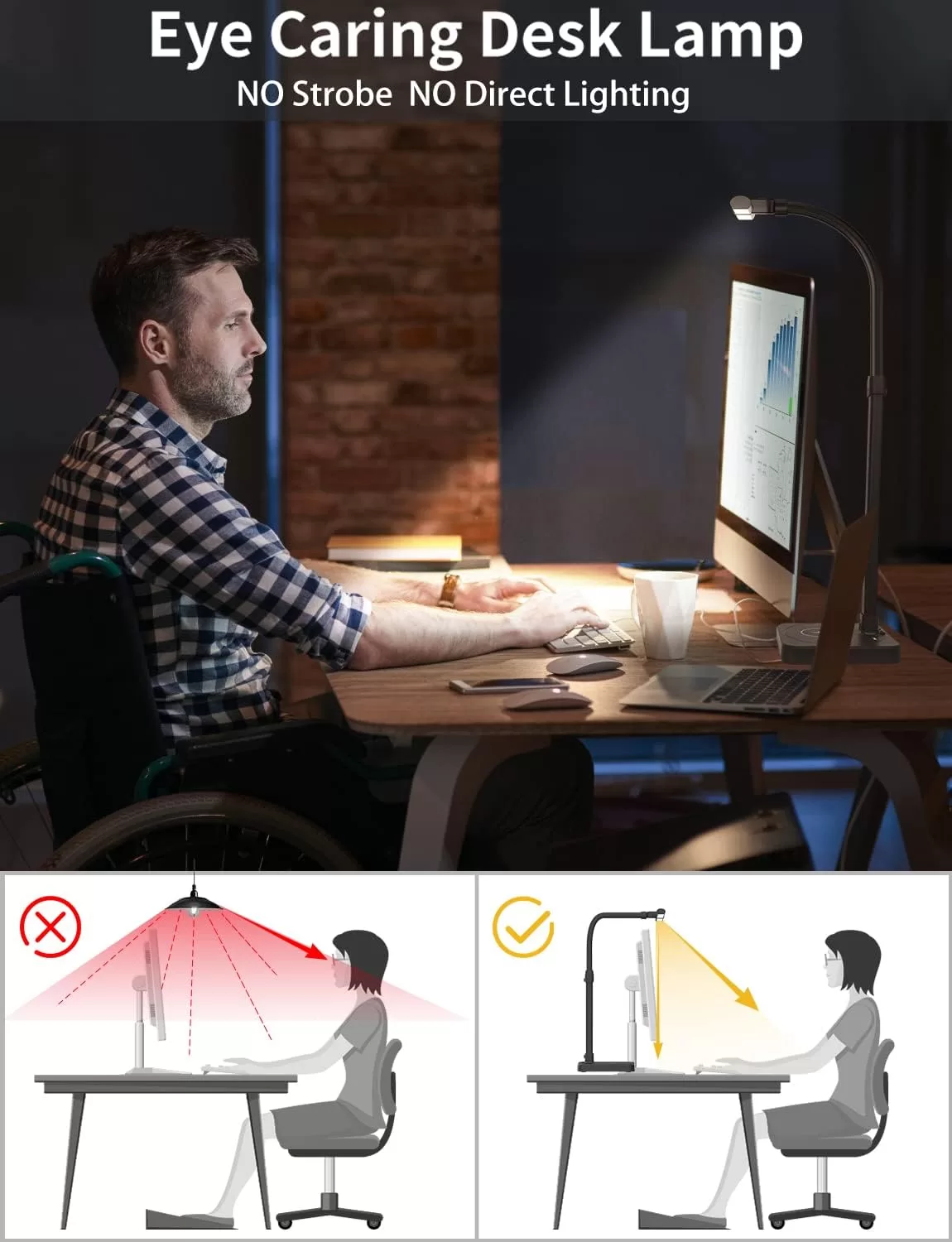 AKRRYR LED Desk Lamp for Home Office, Double Head 24W Desk Lamp with USB Charging Port & Wireless Charger