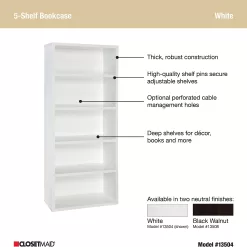 ClosetMaid Bookshelf with 5 Shelf Tiers, Adjustable Shelves, Tall Bookcase Sturdy Wood with Closed Back Panel, White Finish