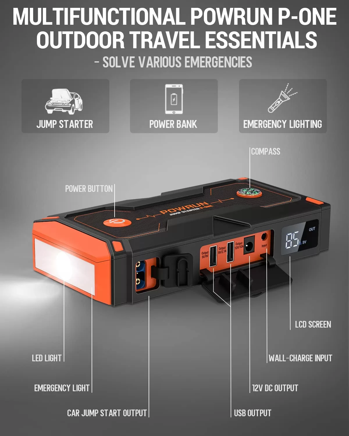 Powrun P-ONE Jump Starter, 2000A Portable Jump Box - Car Jump Starter Battery Pack
