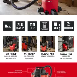 CRAFTSMAN 8-Gallons 3.5-HP Corded Wet/Dry Shop Vacuum with Accessories Included