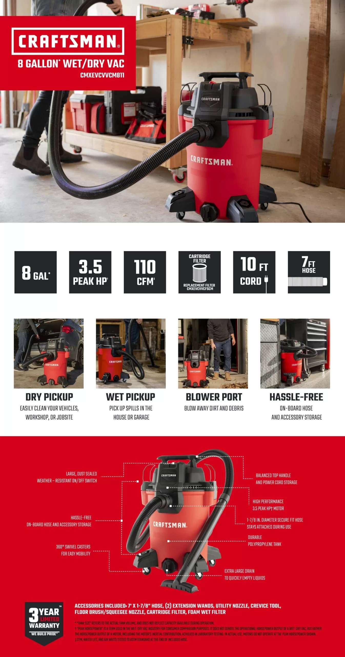 CRAFTSMAN 8-Gallons 3.5-HP Corded Wet/Dry Shop Vacuum with Accessories Included