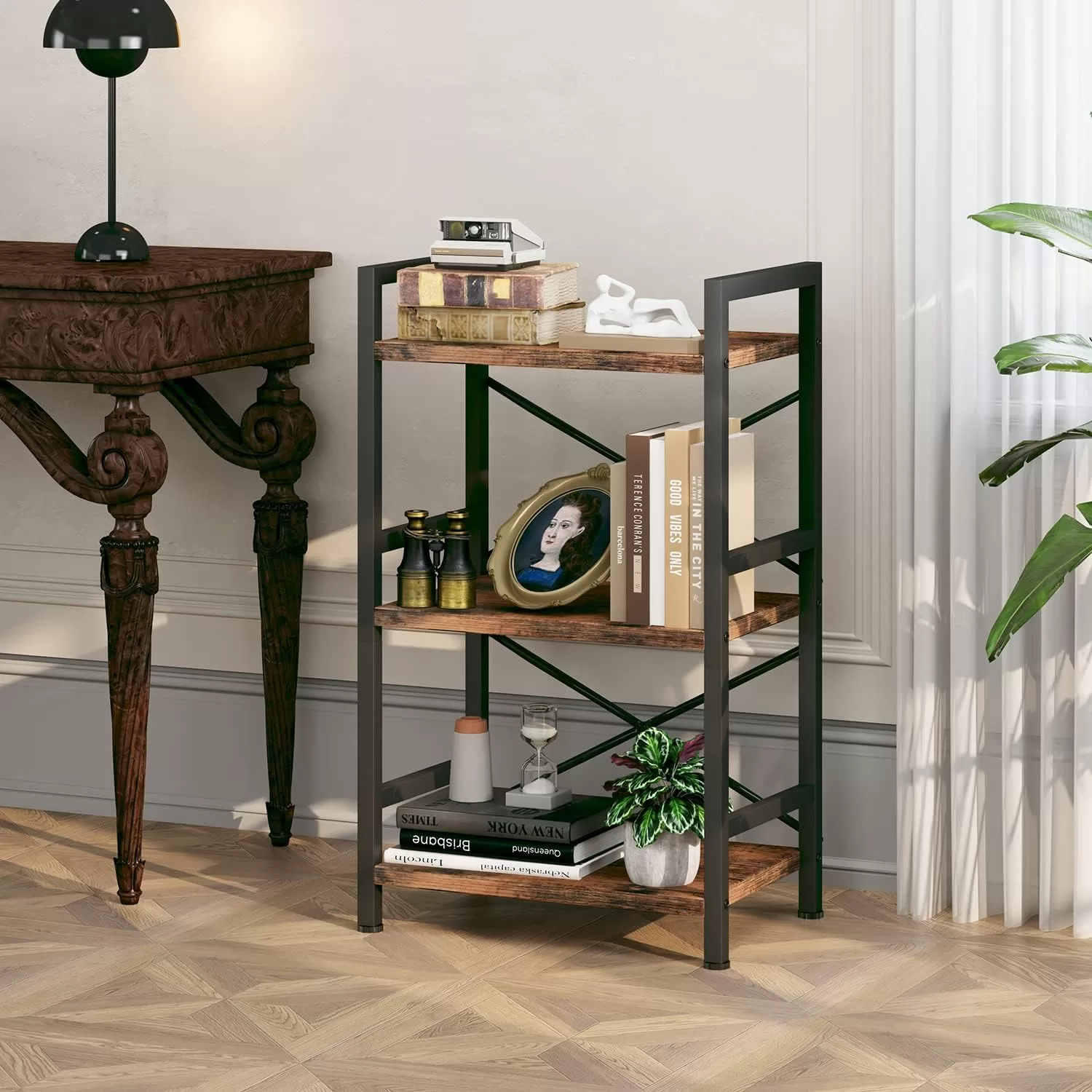 Homeiju Bookshelf, 3 Tier Industrial Bookcase, Metal Small Bookcase