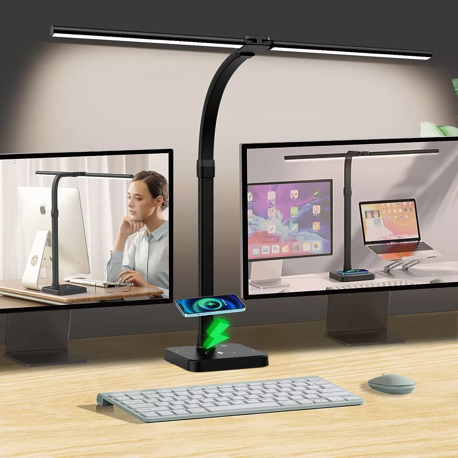 AKRRYR LED Desk Lamp for Home Office, Double Head 24W Desk Lamp with USB Charging Port & Wireless Charger