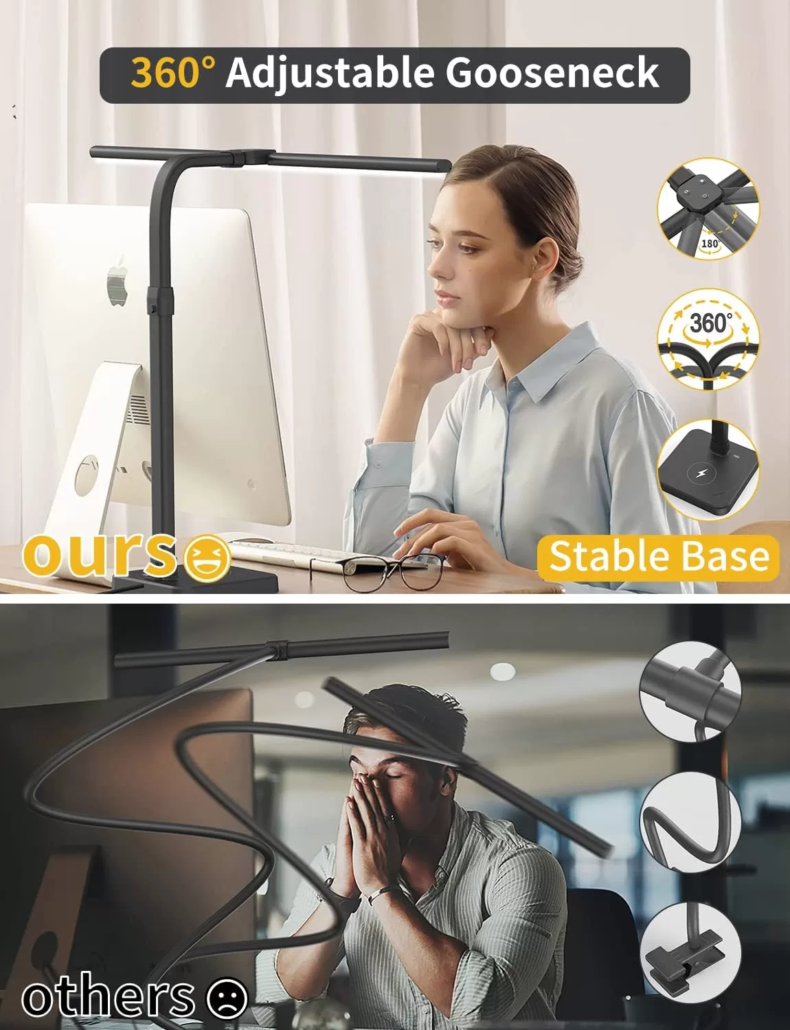 AKRRYR LED Desk Lamp for Home Office, Double Head 24W Desk Lamp with USB Charging Port & Wireless Charger