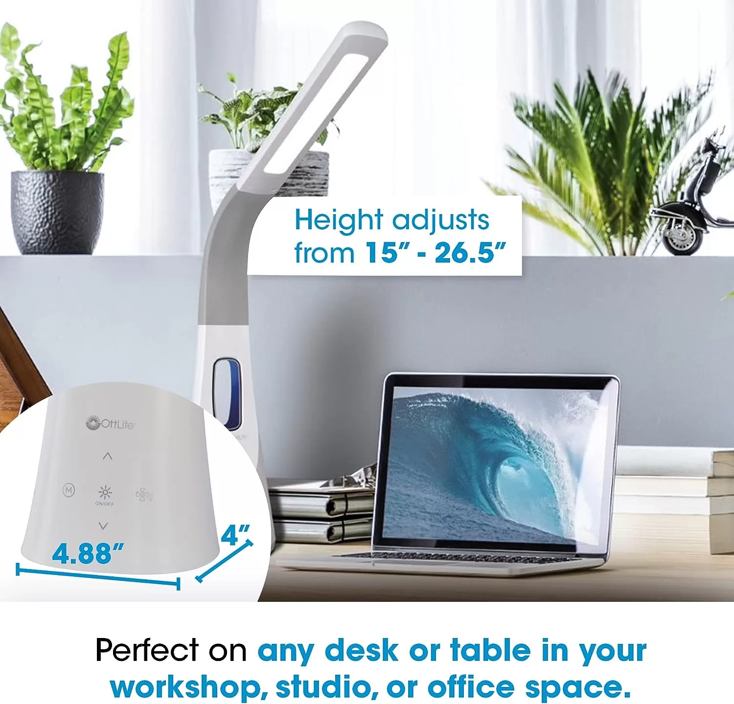 OttLite Cool Breeze LED Lamp with Bladeless Fan Desktop, Table or Nightstand Lamp for Studying or Reading - White