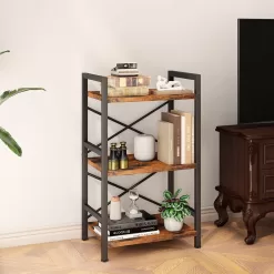 Homeiju Bookshelf, 3 Tier Industrial Bookcase, Metal Small Bookcase