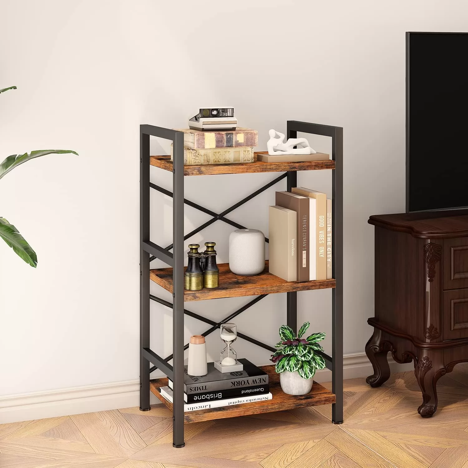 Homeiju Bookshelf, 3 Tier Industrial Bookcase, Metal Small Bookcase