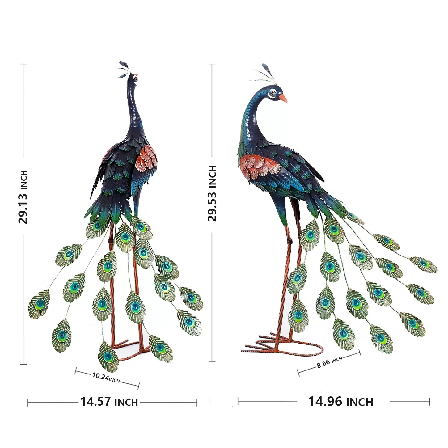 Chisheen Garden Decor Outdoor Statues, Metal Peacock Decor for Outside, Garden Art Sculptures Standing for Patio Yard Lawn Home Decorations, Set of 2