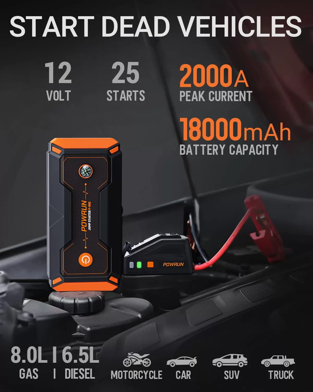 Powrun P-ONE Jump Starter, 2000A Portable Jump Box - Car Jump Starter Battery Pack