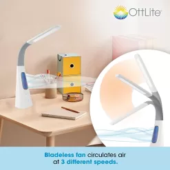 OttLite Cool Breeze LED Lamp with Bladeless Fan Desktop, Table or Nightstand Lamp for Studying or Reading - White