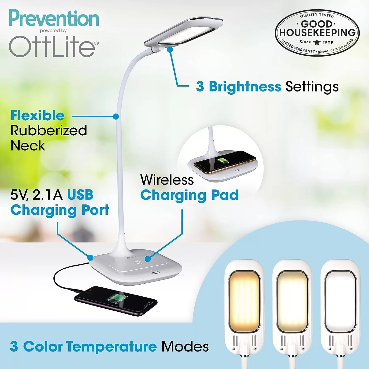 OttLite LED Desk Lamp with Wireless Charging, Prevention Series - White