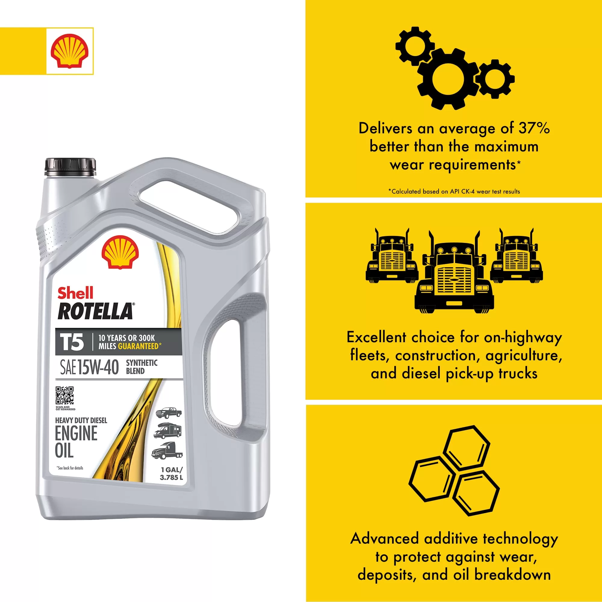 Shell Rotella T5 Synthetic Blend 15W-40 Diesel Engine Oil (1 Gallon, Case of 3) - Image 6