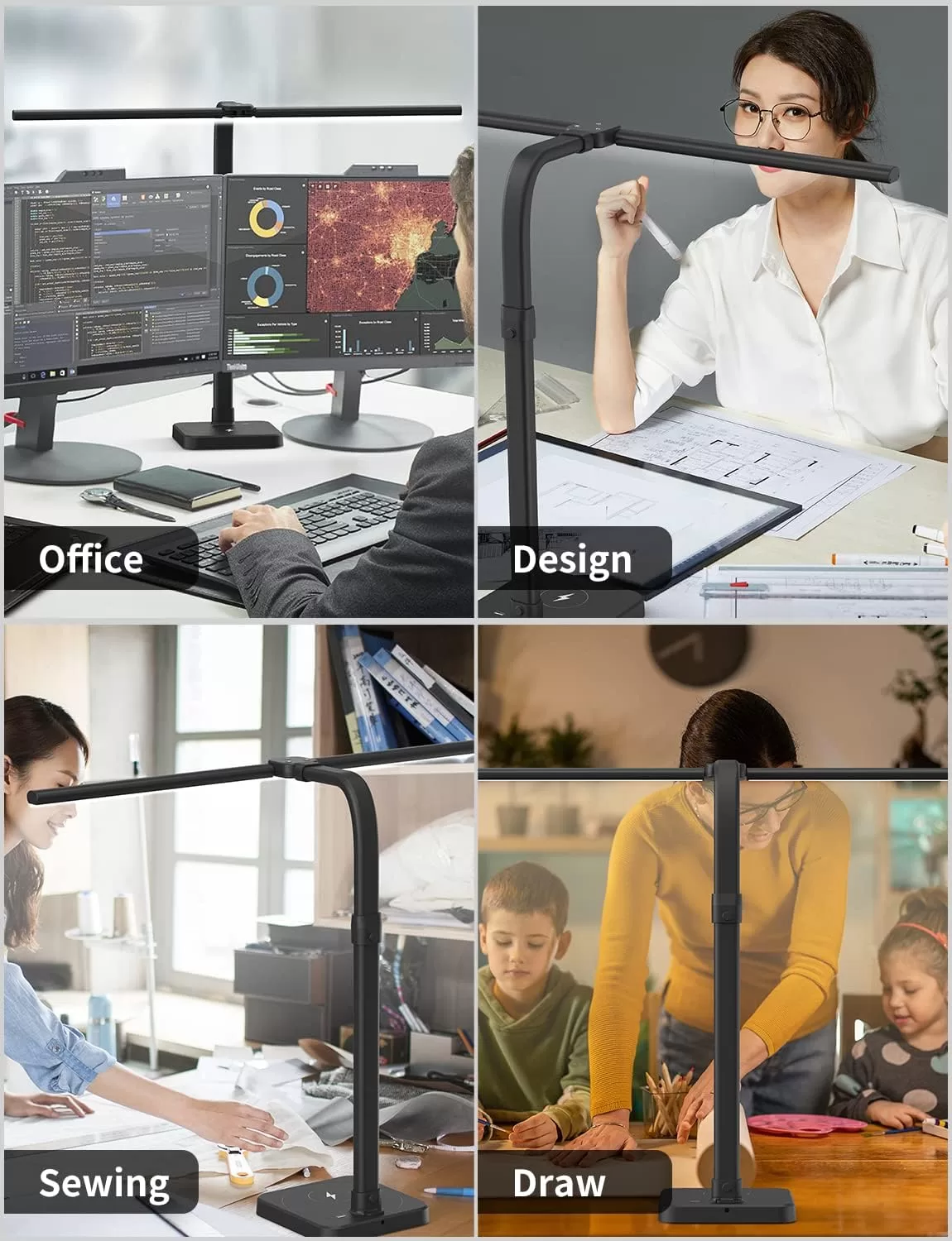 AKRRYR LED Desk Lamp for Home Office, Double Head 24W Desk Lamp with USB Charging Port & Wireless Charger