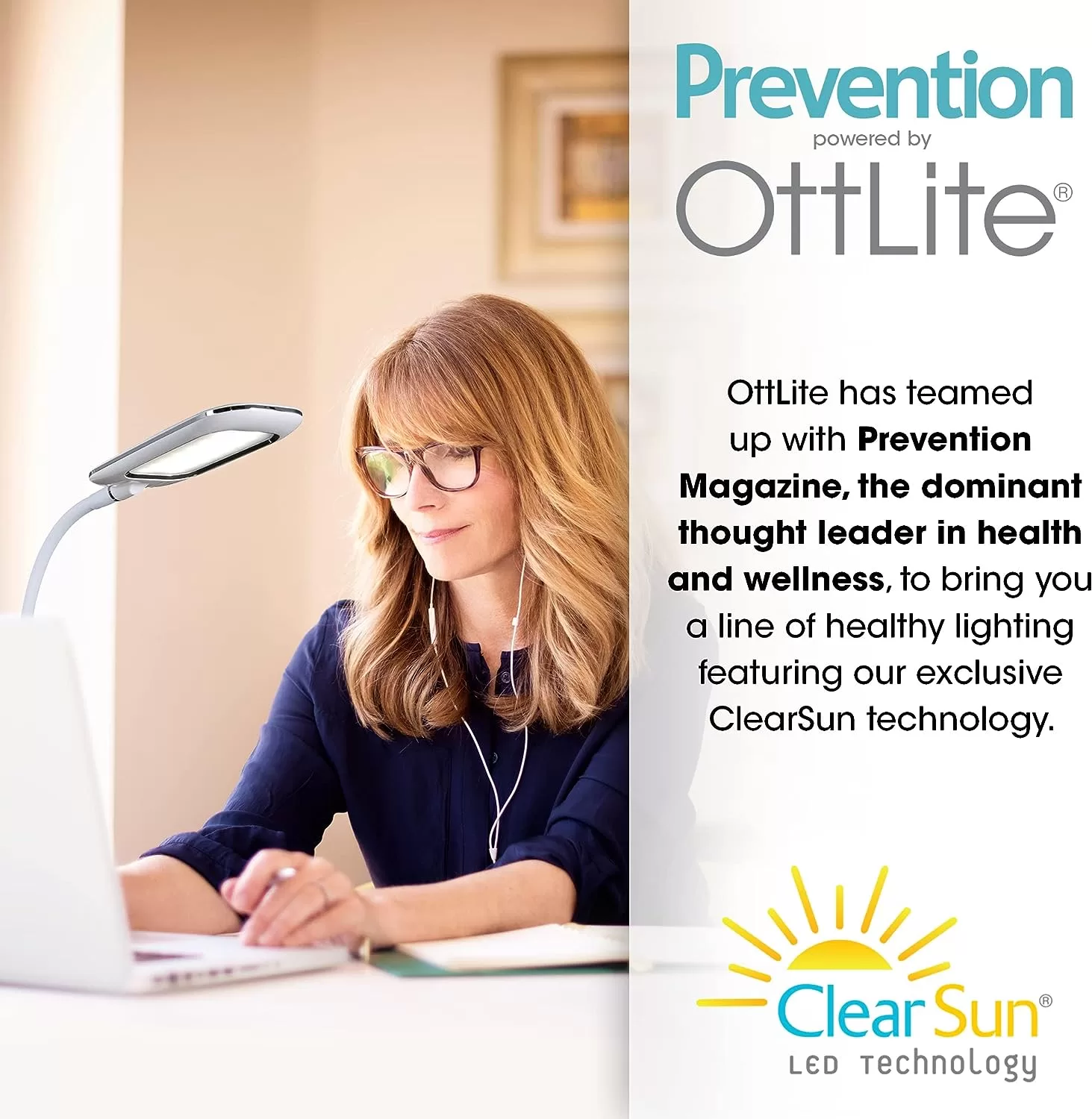 OttLite LED Desk Lamp with Wireless Charging, Prevention Series - White