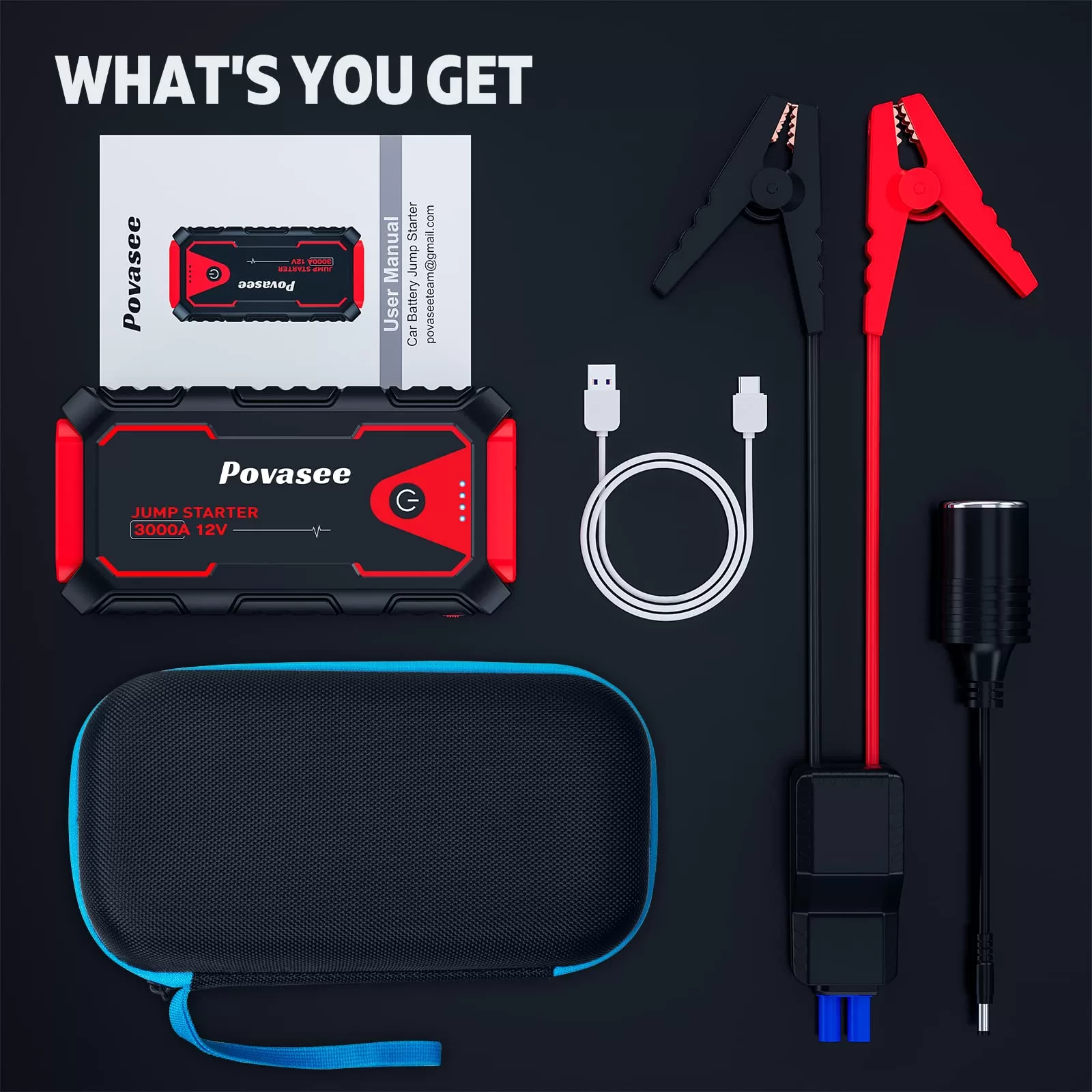 Povasee Jump Starter 3000A Peak Jump Starter Battery Pack, 12V Jump Box for Car Battery up to 10L Gas or 8L