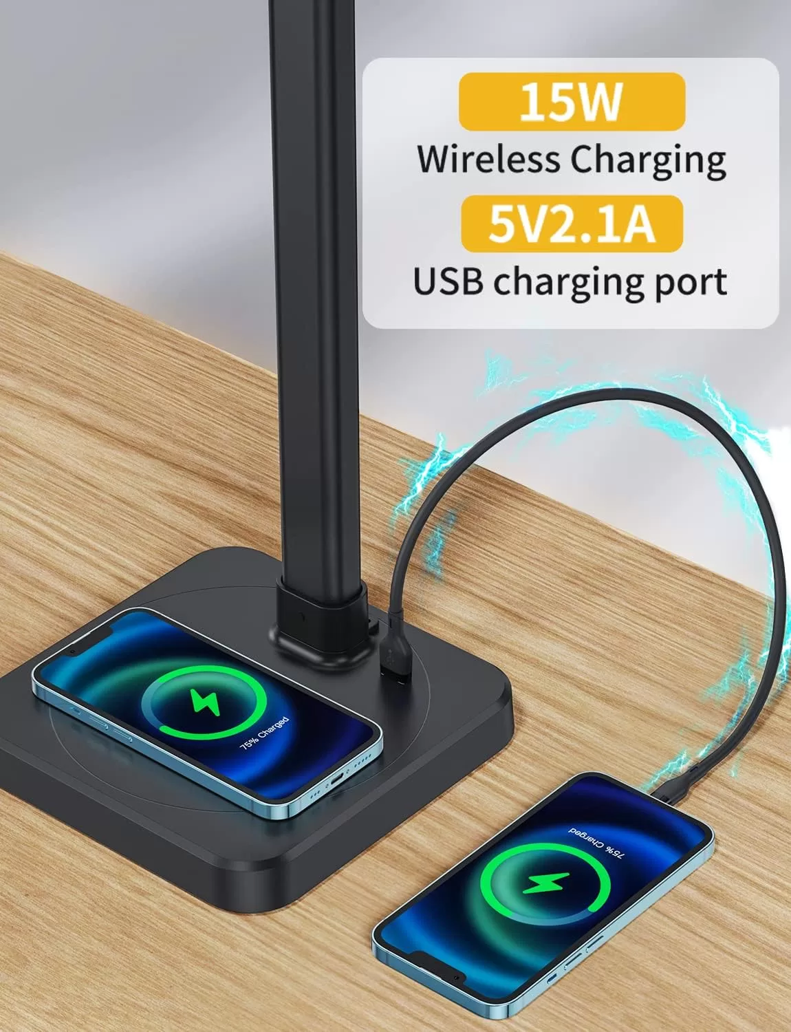 AKRRYR LED Desk Lamp for Home Office, Double Head 24W Desk Lamp with USB Charging Port & Wireless Charger