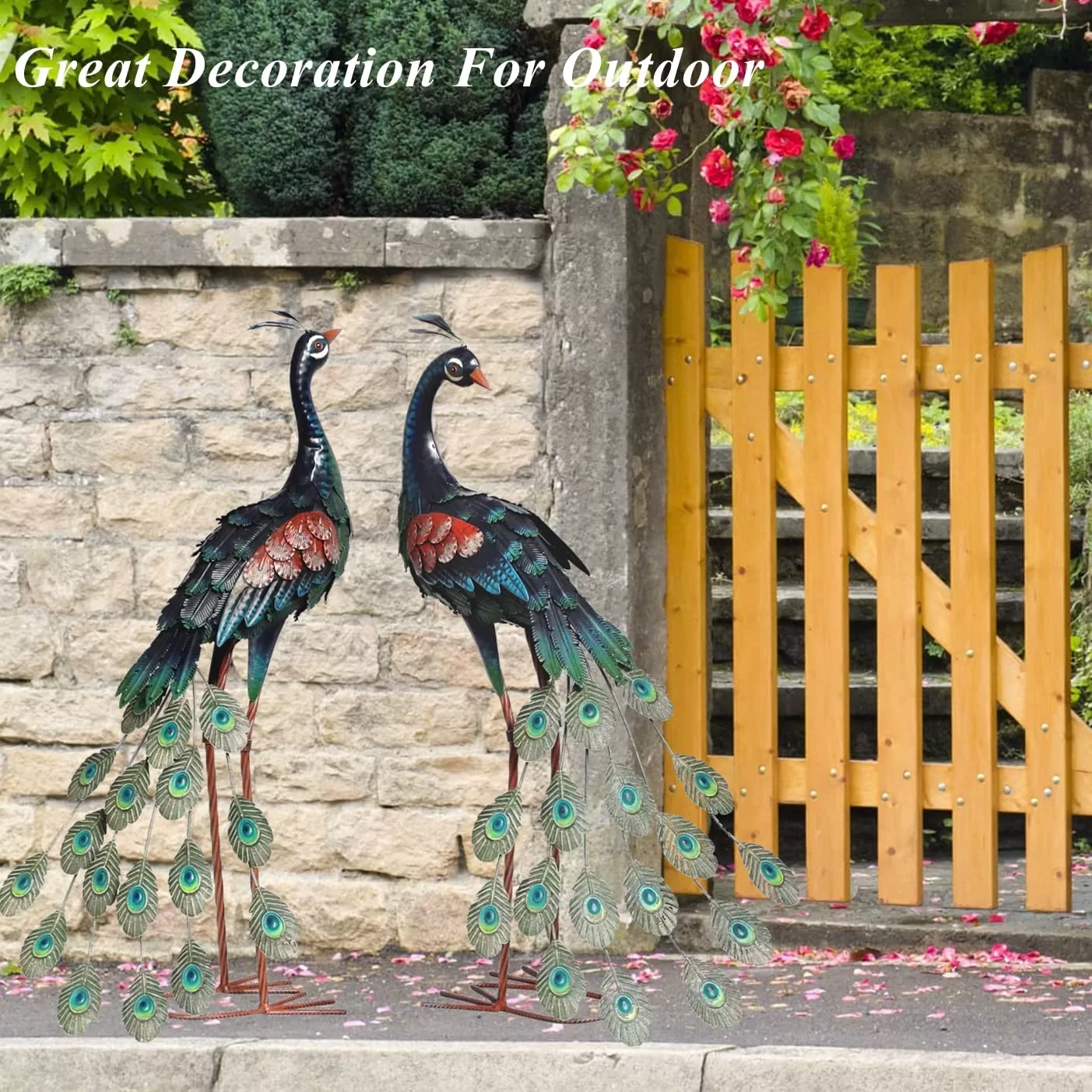 Chisheen Garden Decor Outdoor Statues, Metal Peacock Decor for Outside, Garden Art Sculptures Standing for Patio Yard Lawn Home Decorations, Set of 2