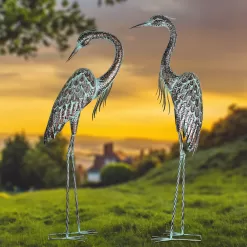 Kircust Garden Crane Statues, Standing Metal Patina Heron Decoy Outdoor Statue, 42-46 Inch Bird Yard Art for Patio Lawn Pond, Set of 2