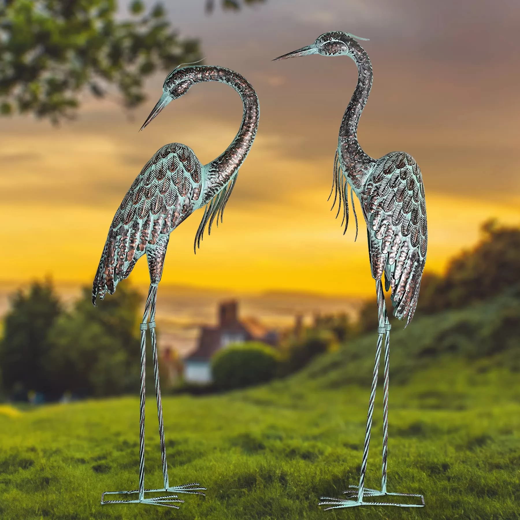 Kircust Garden Crane Statues, Standing Metal Patina Heron Decoy Outdoor Statue, 42-46 Inch Bird Yard Art for Patio Lawn Pond, Set of 2