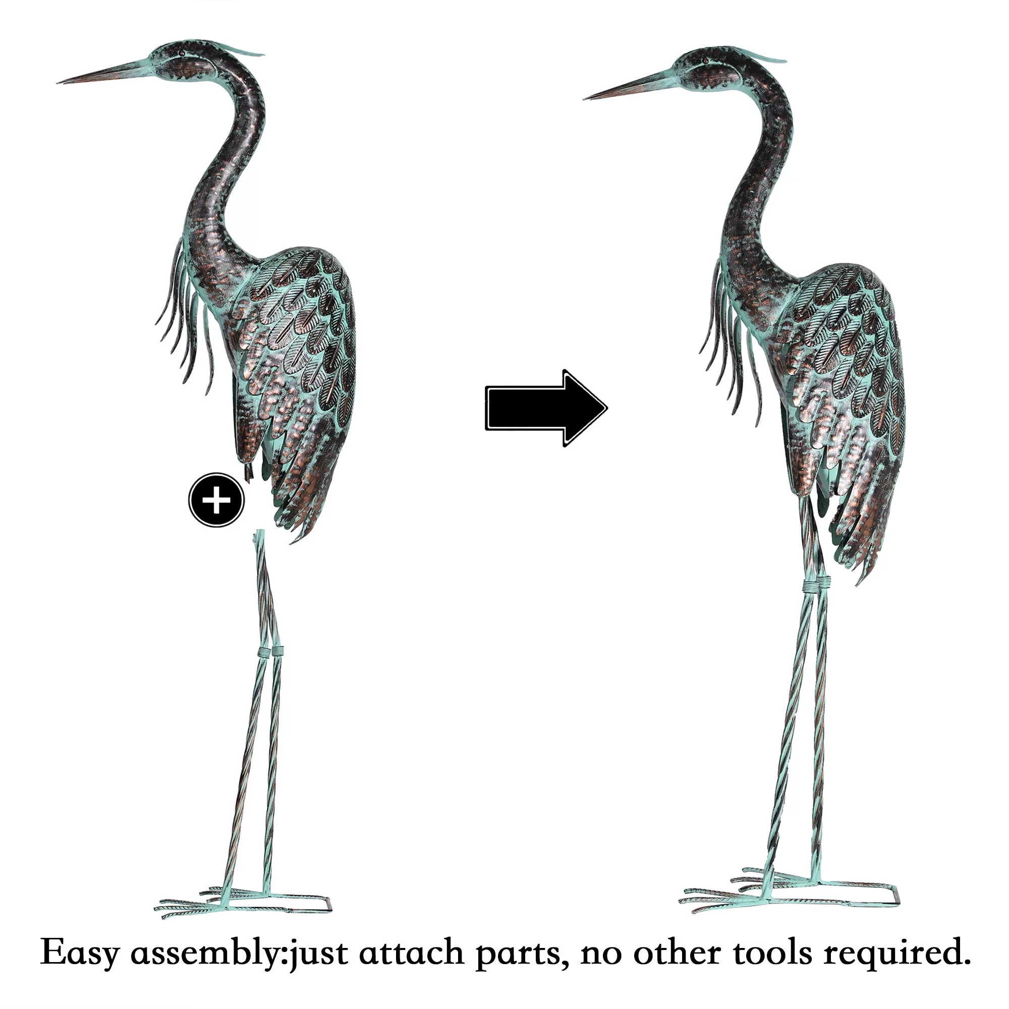 Kircust Garden Crane Statues, Standing Metal Patina Heron Decoy Outdoor Statue, 42-46 Inch Bird Yard Art for Patio Lawn Pond, Set of 2