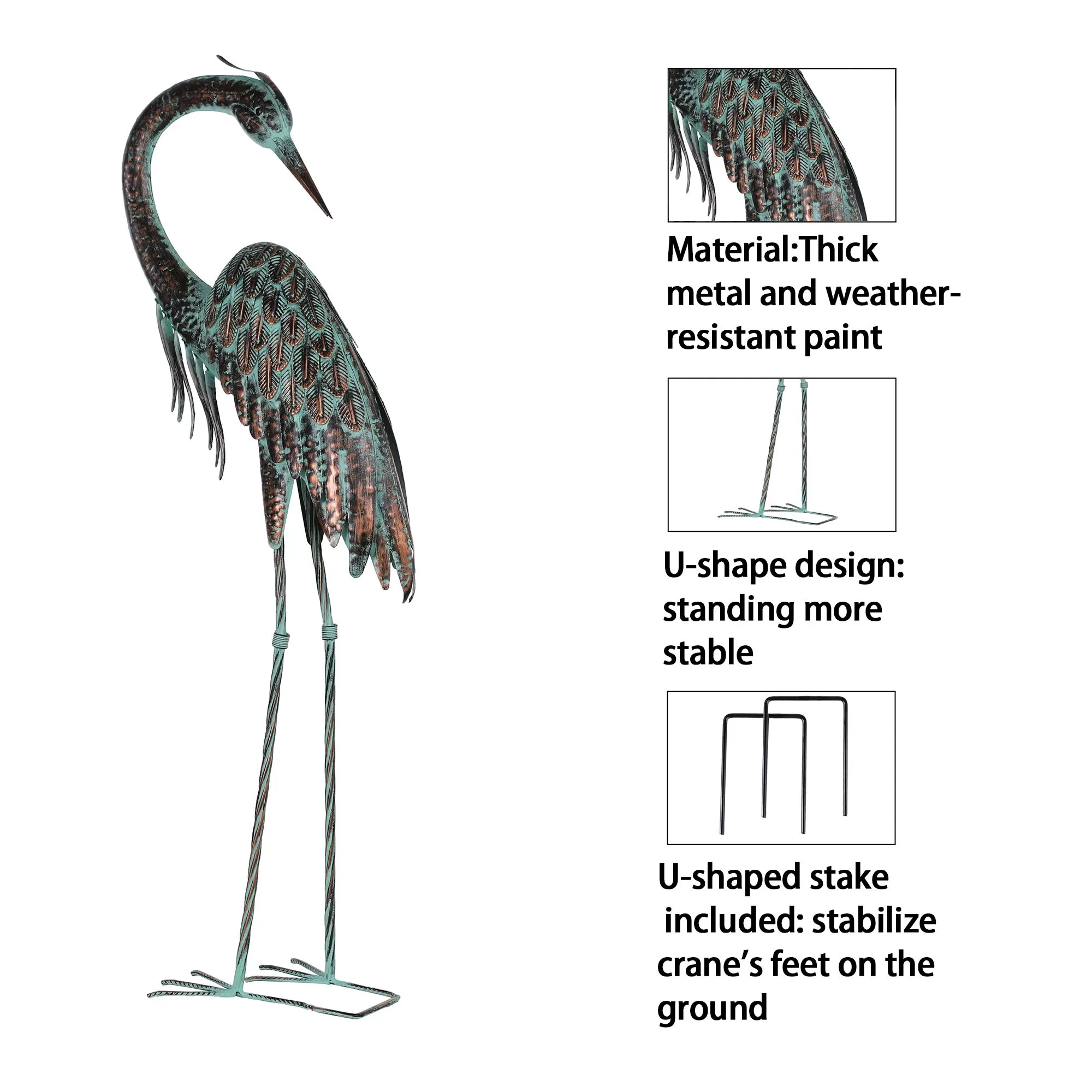 Kircust Garden Crane Statues, Standing Metal Patina Heron Decoy Outdoor Statue, 42-46 Inch Bird Yard Art for Patio Lawn Pond, Set of 2