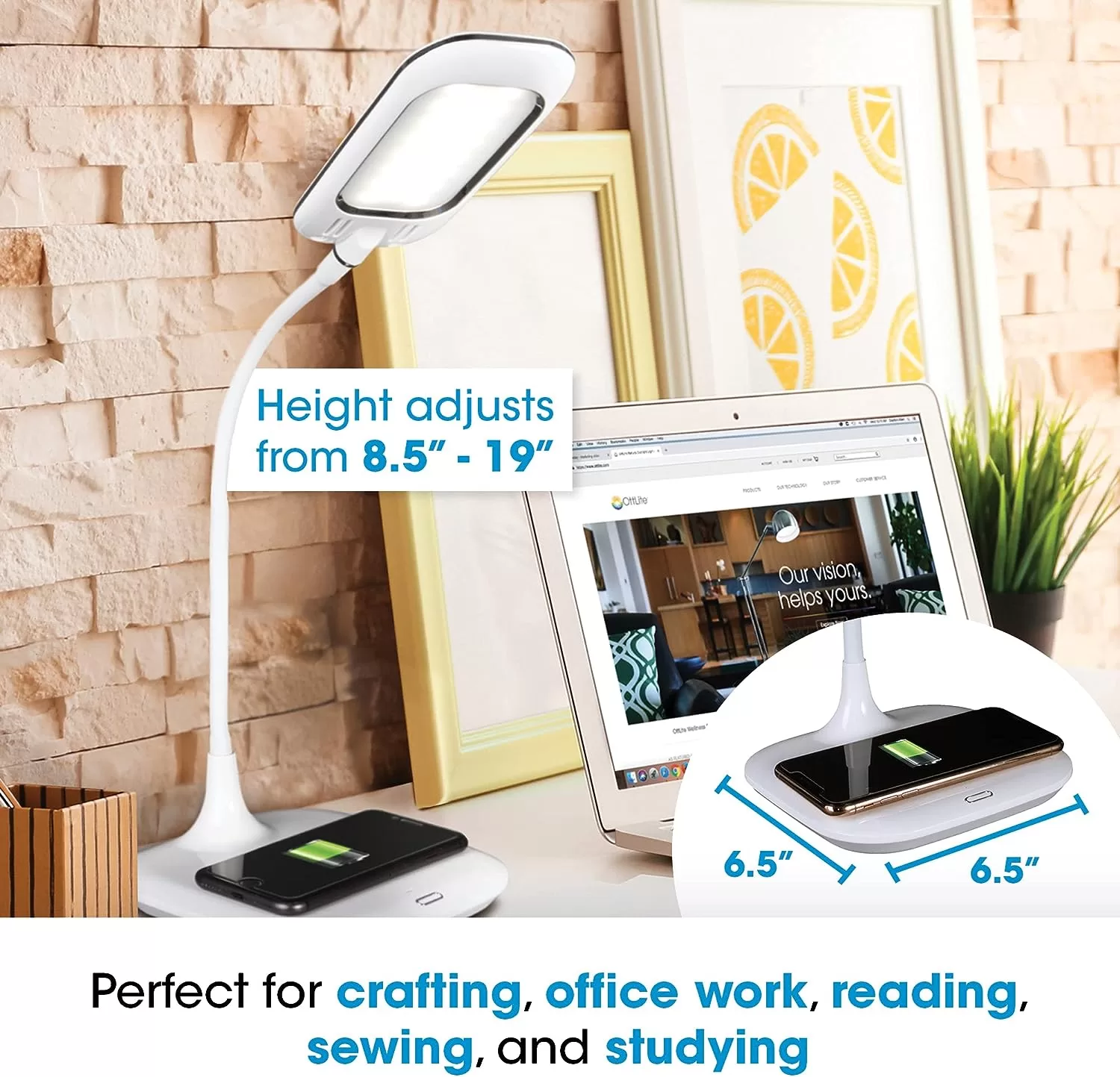 OttLite LED Desk Lamp with Wireless Charging, Prevention Series - White