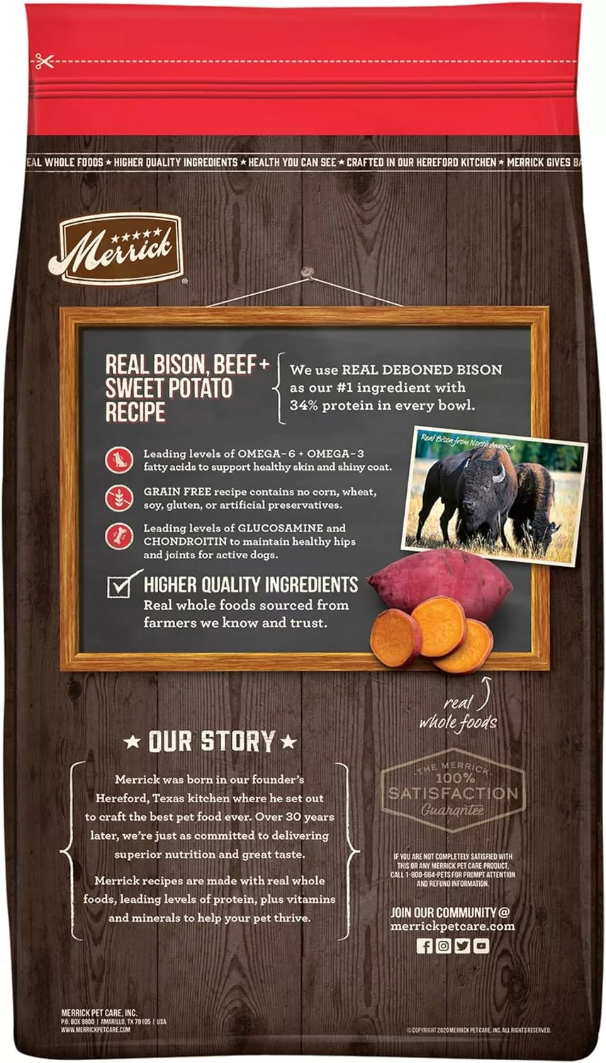 Merrick Grain Free Real Bison, Beef & Sweet Potato Recipe Dry Dog Food, 22 lbs.